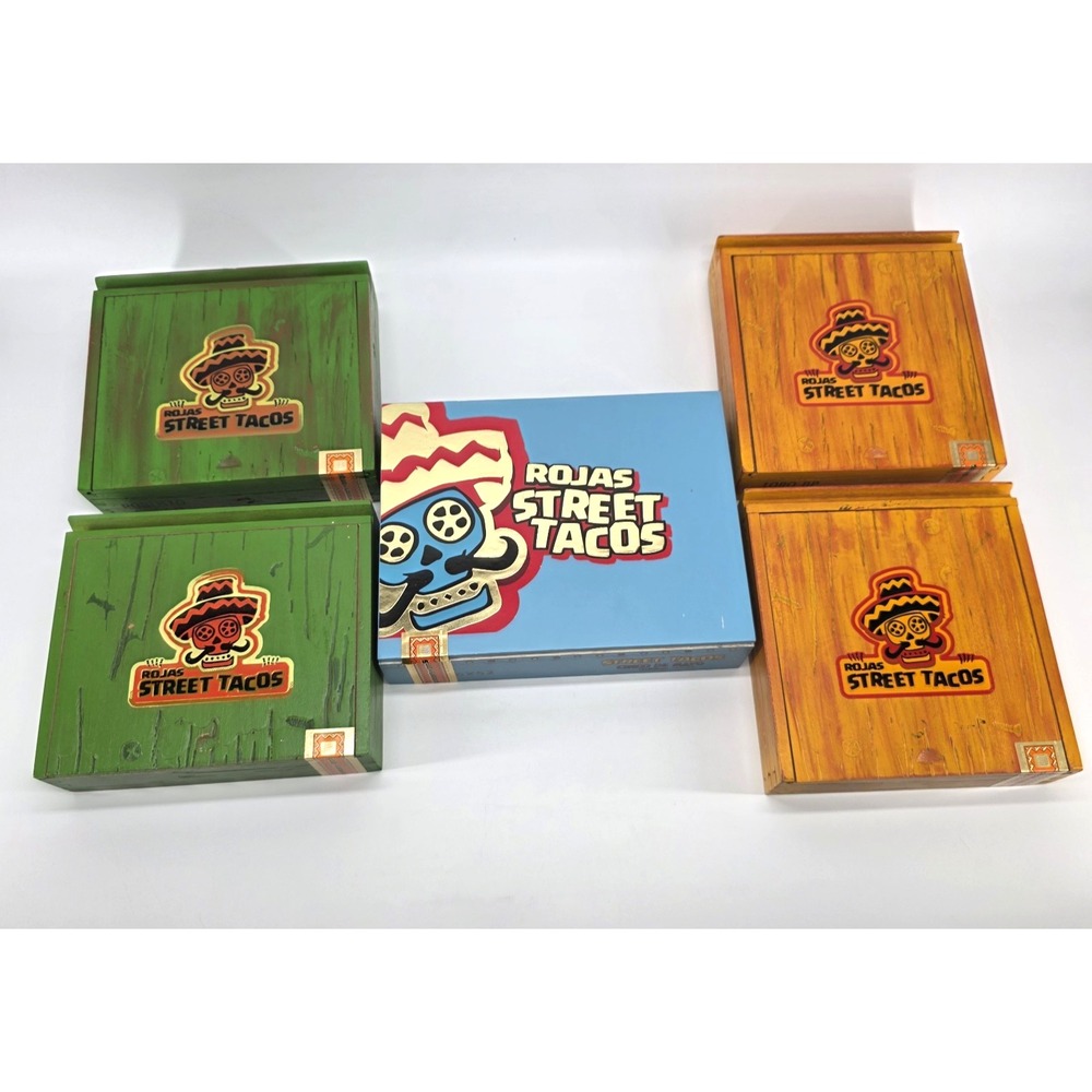Lot of 5 Empty Rojas Street Tacos Cigar Box Wood Green Orange Blue Cinco de Mayo